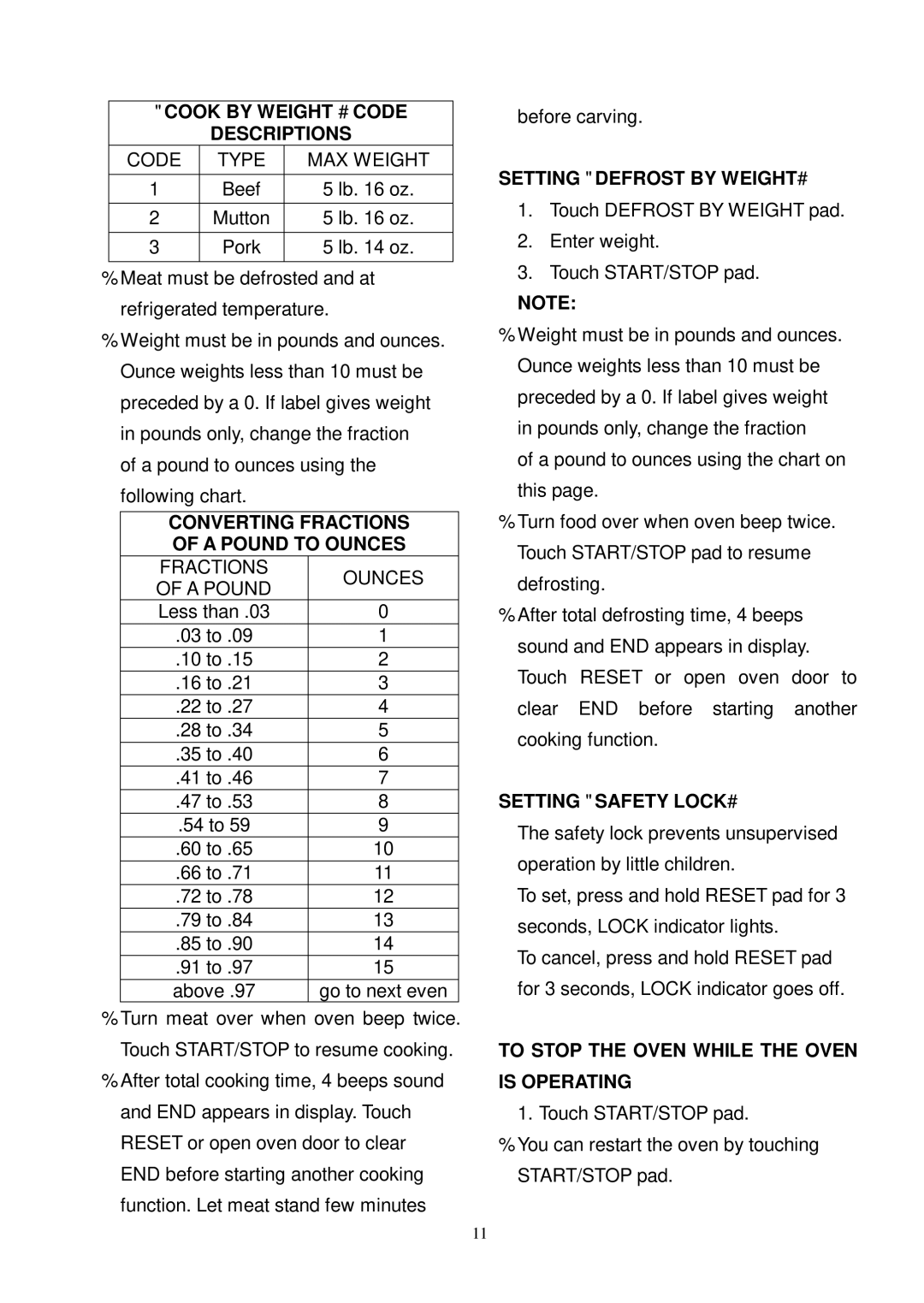 Kenmore 87000 Cook by Weight Code Descriptions, Converting Fractions A Pound to Ounces, Setting Defrost by Weight 