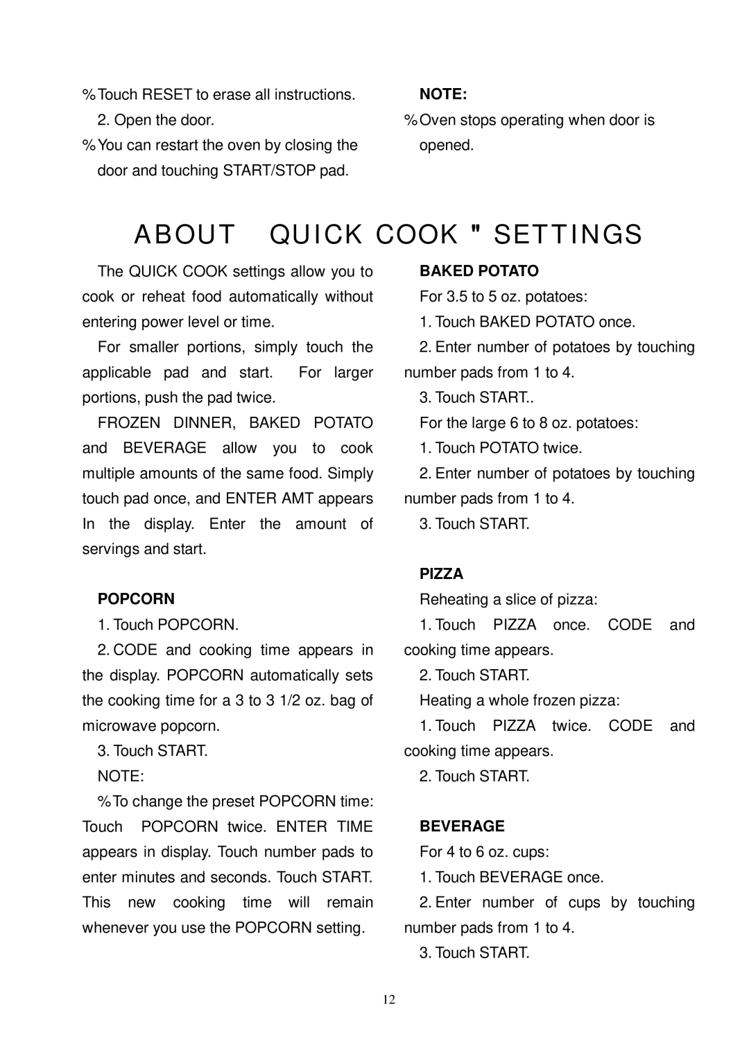 Kenmore 87000 user manual About Quick Cook Settings, Popcorn, Baked Potato, Pizza, Beverage 