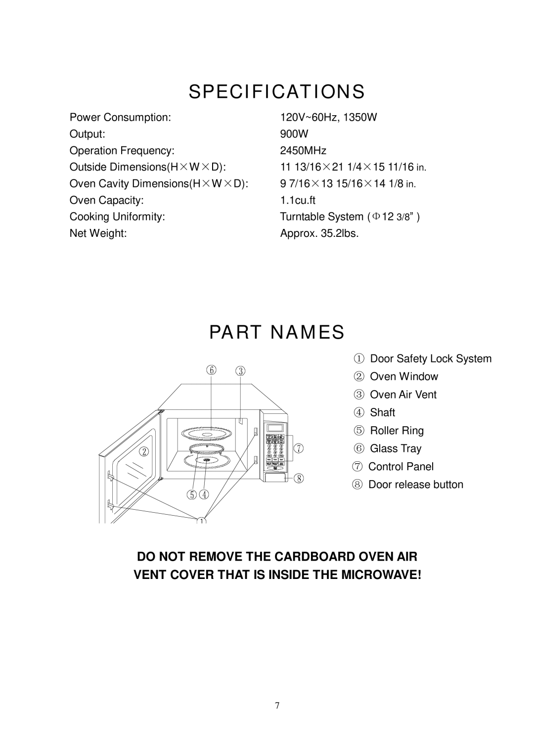 Kenmore 87000 user manual Specifications, Part Names 