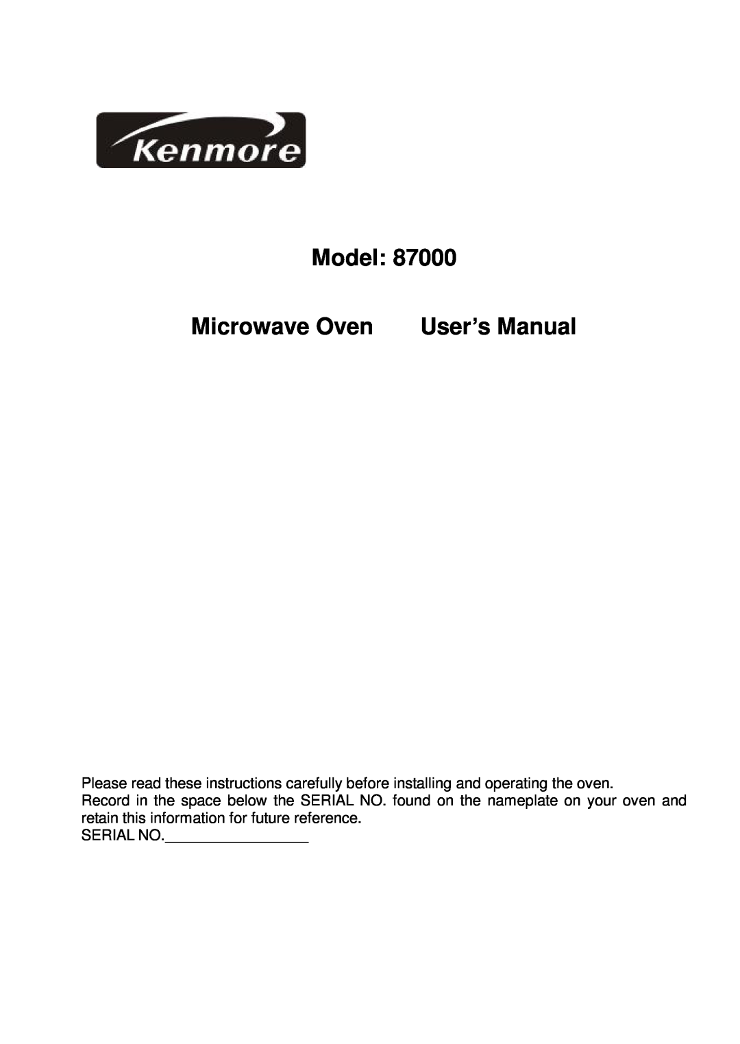 Kenmore 87000 user manual Model, Microwave Oven 