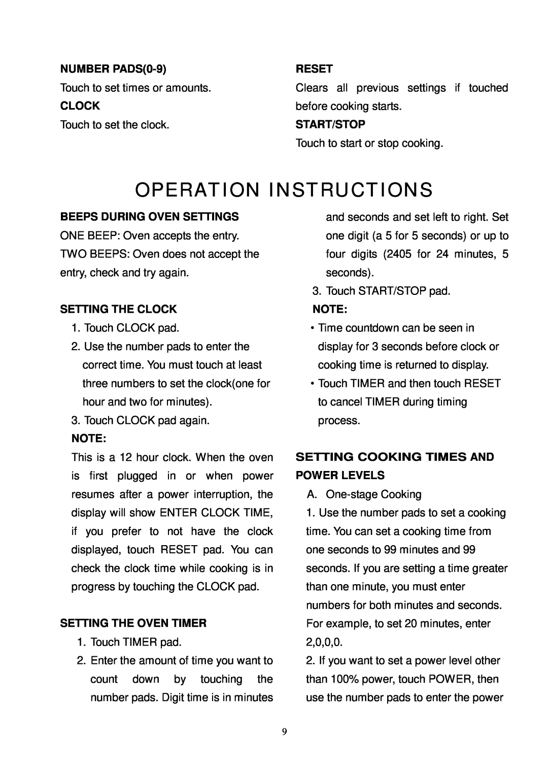 Kenmore 87000 user manual Operation Instructions, NUMBER PADS0-9, Clock, Reset, Start/Stop, Beeps During Oven Settings 