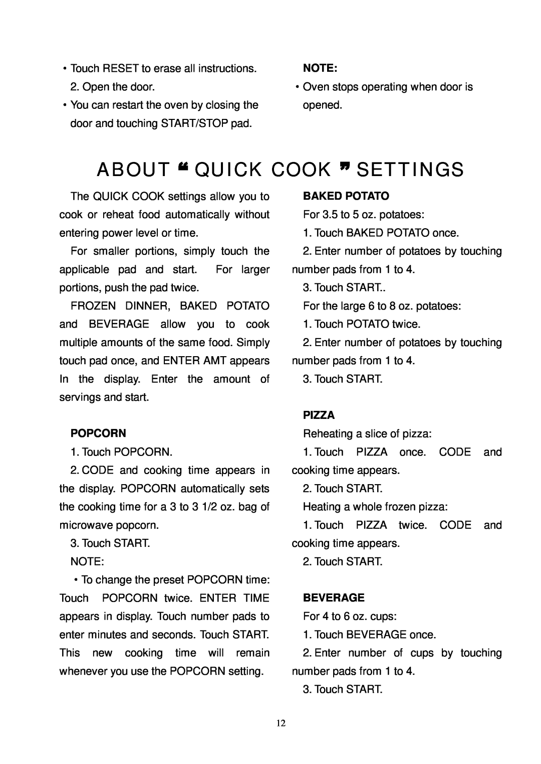 Kenmore 87000 user manual About “ Quick Cook ” Settings, Popcorn, Baked Potato, Pizza, Beverage 