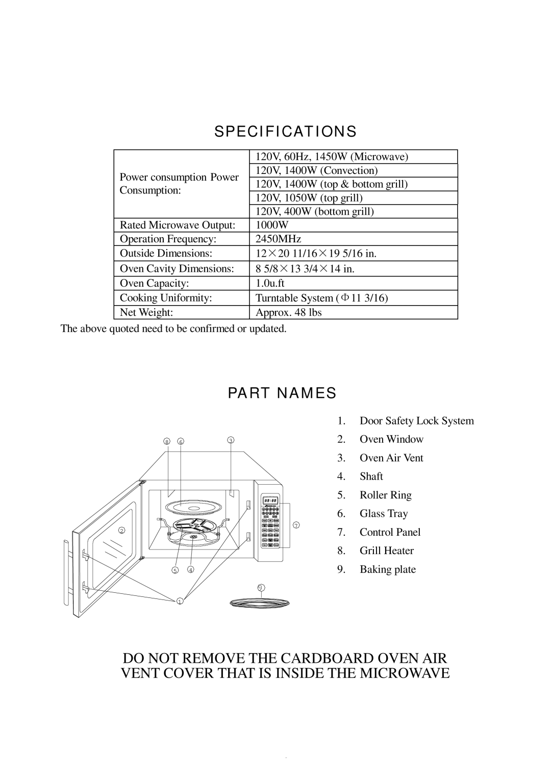 Kenmore 87002 user manual Specifications, Part Names 