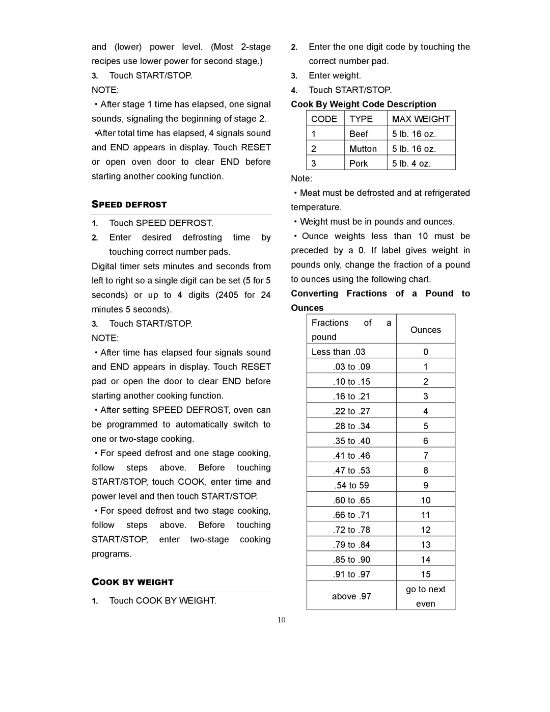 Kenmore 87032 owner manual Cook By Weight Code Description, Code Type MAX Weight, Converting Fractions of a Pound to Ounces 