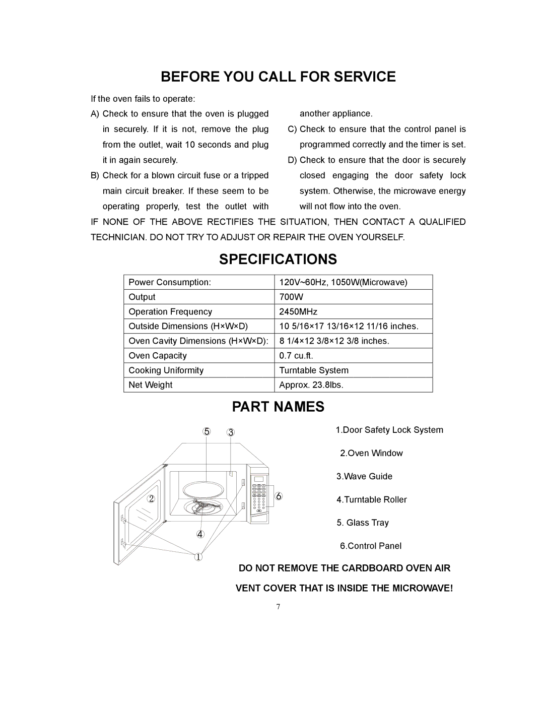 Kenmore 87032 owner manual Before YOU Call for Service, Specifications, Part Names 