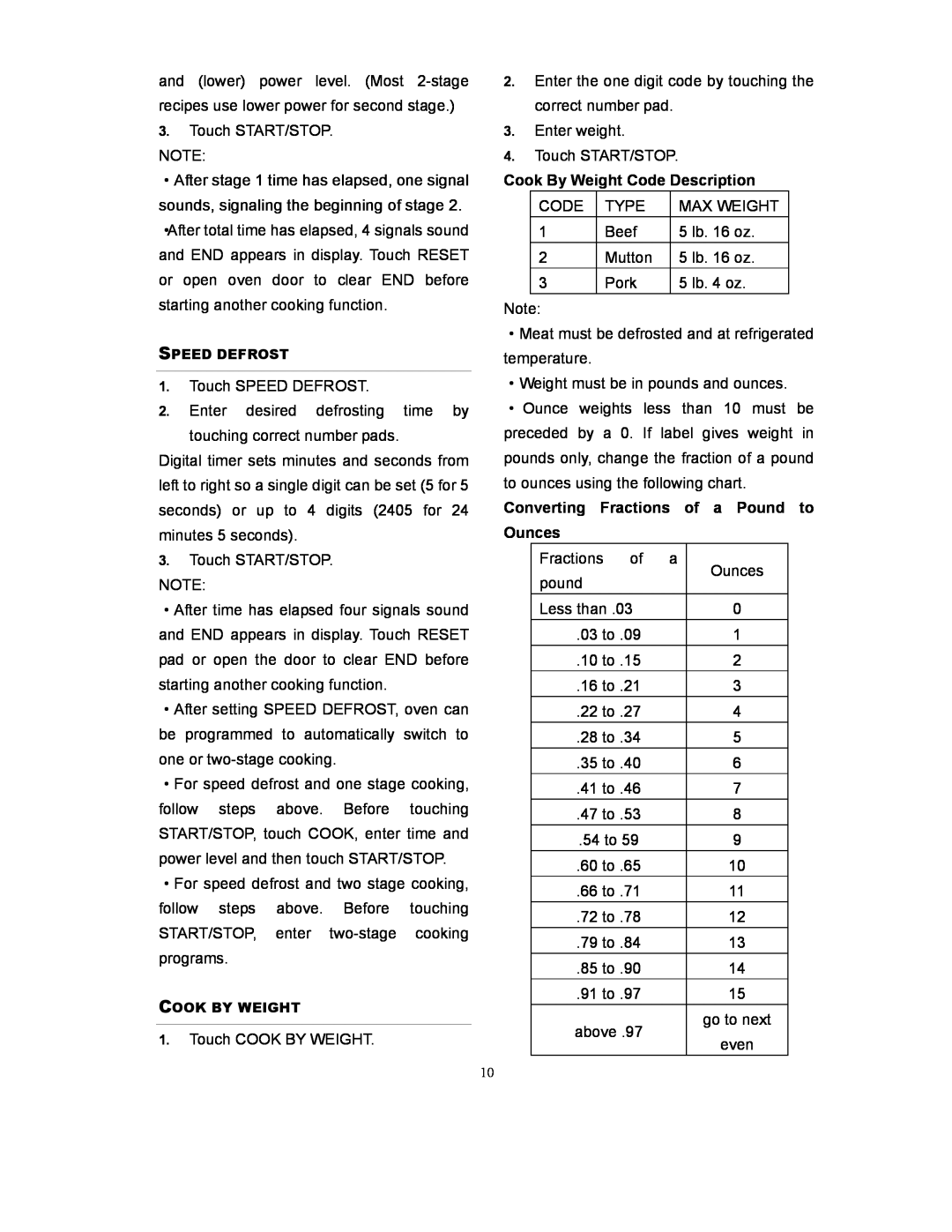 Kenmore 87032 owner manual Cook By Weight Code Description, Converting Fractions of a Pound to Ounces 