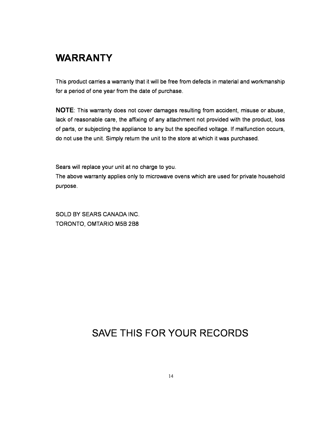 Kenmore 87032 owner manual Save This For Your Records, Warranty 