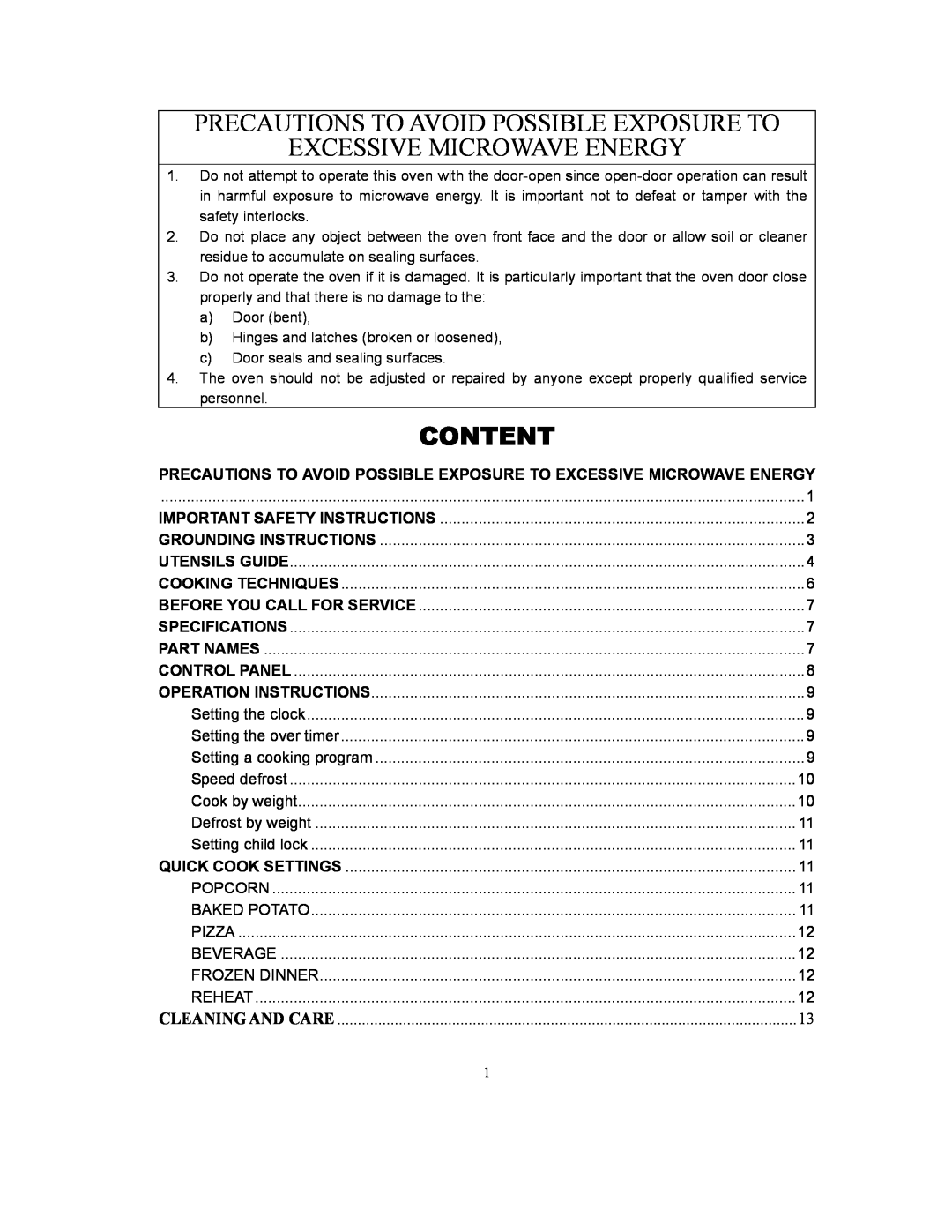 Kenmore 87032 owner manual Content, Precautions To Avoid Possible Exposure To, Excessive Microwave Energy 