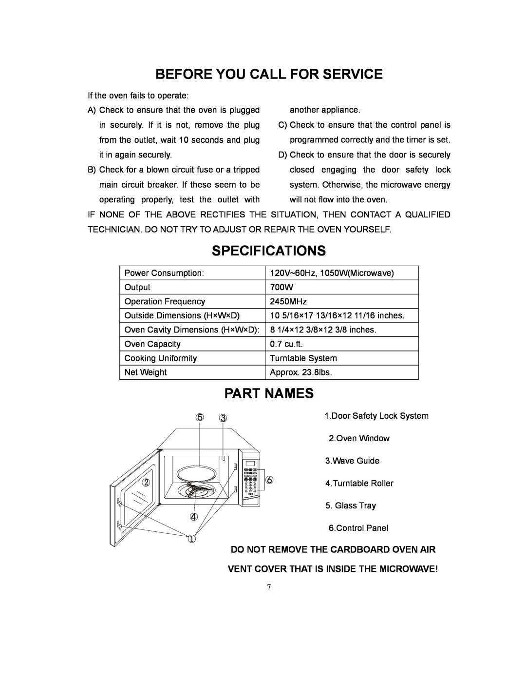 Kenmore 87032 owner manual Before You Call For Service, Specifications, Part Names, Do Not Remove The Cardboard Oven Air 