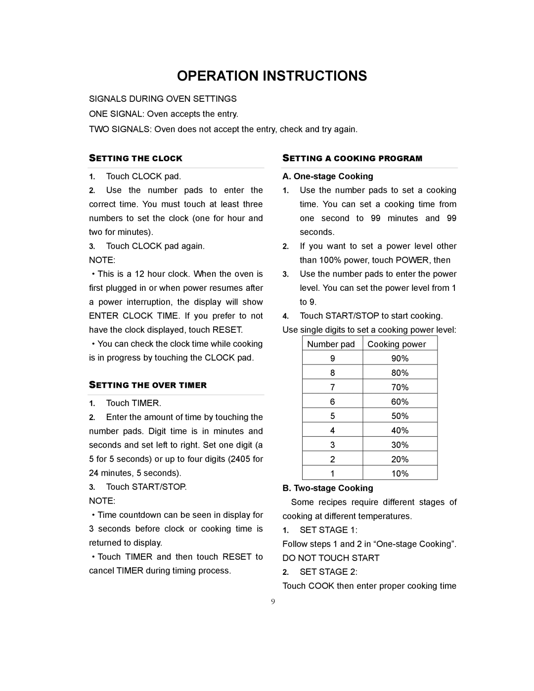 Kenmore 87039 owner manual Operation Instructions, One-stage Cooking, Two-stage Cooking, Do not Touch Start SET Stage 