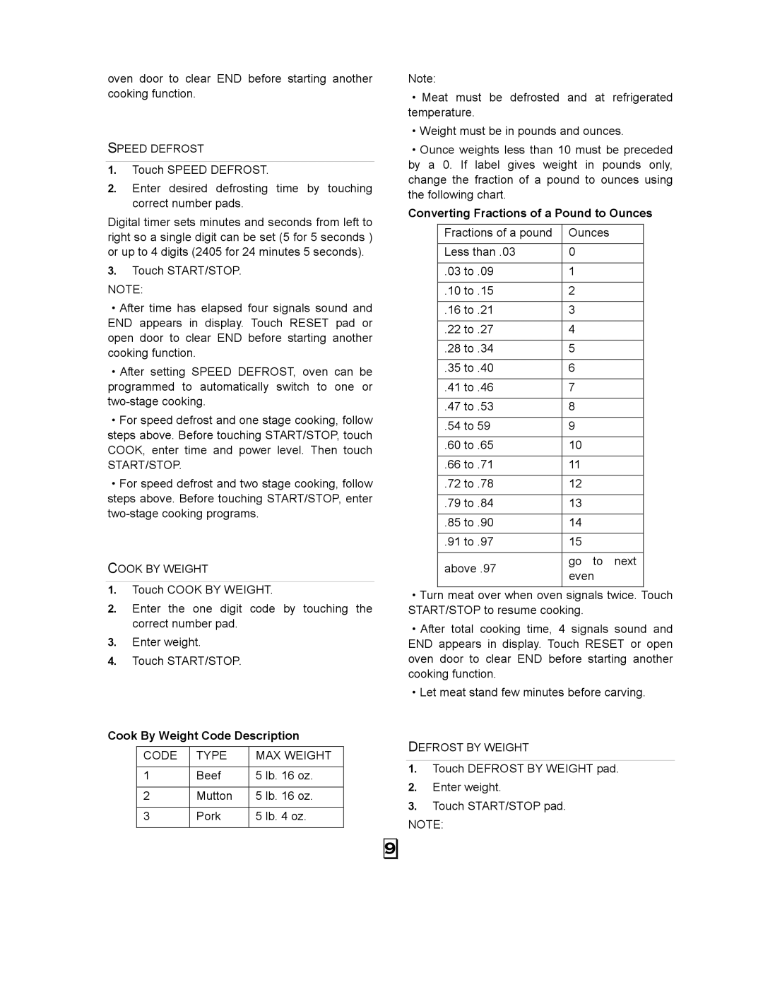 Kenmore 87043 owner manual Cook By Weight Code Description, Converting Fractions of a Pound to Ounces 