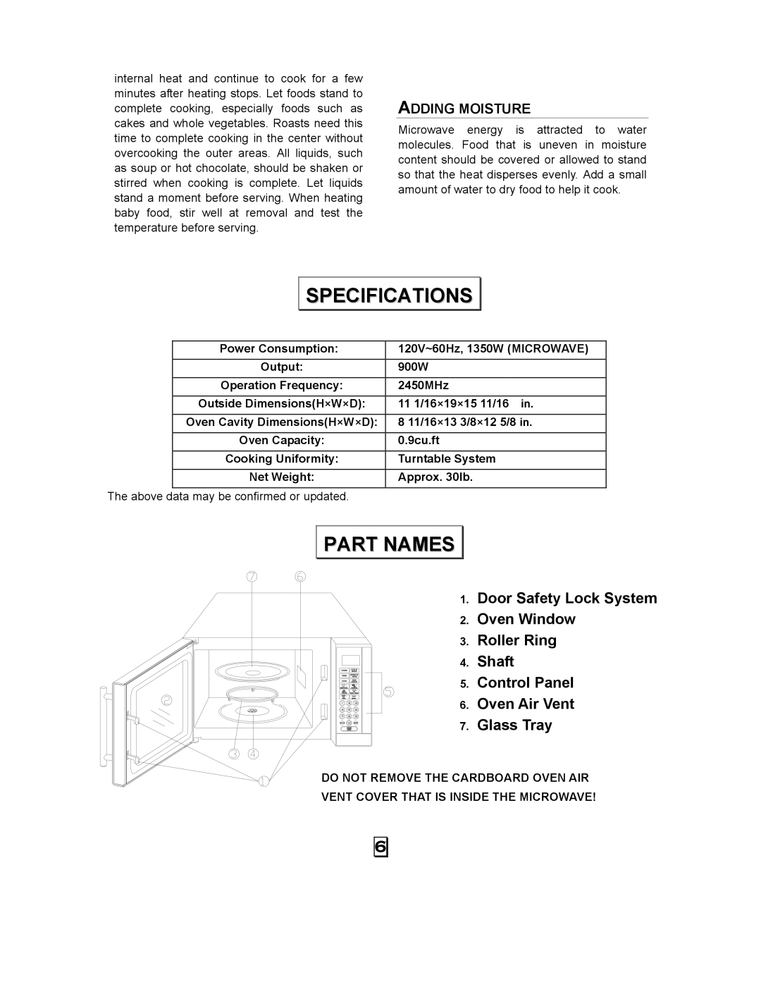 Kenmore 87043 owner manual Specifications, Part Names 