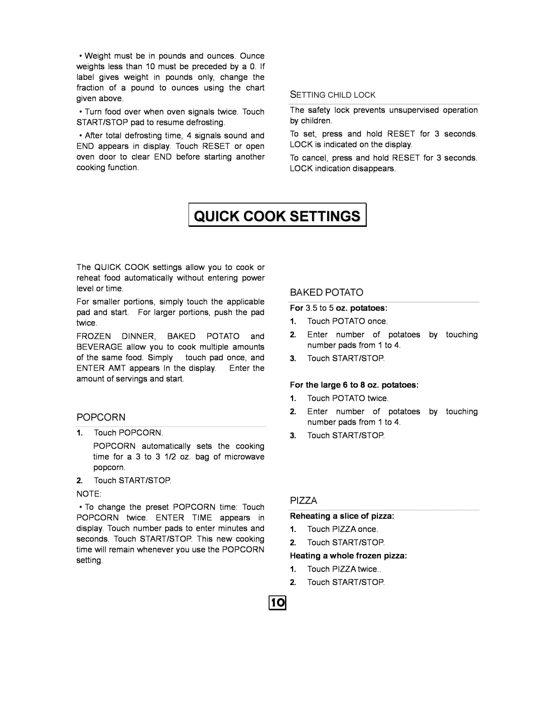 Kenmore 87043 owner manual Quick Cook Settings, Popcorn, Baked Potato, Pizza 