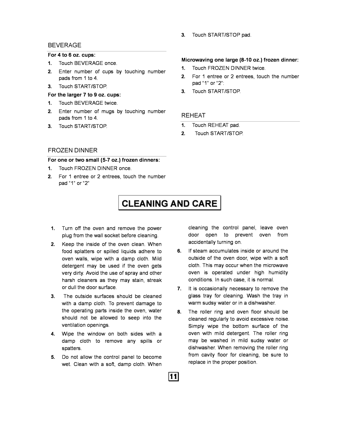 Kenmore 87043 owner manual Cleaning And Care, Beverage, Reheat, Frozen Dinner 
