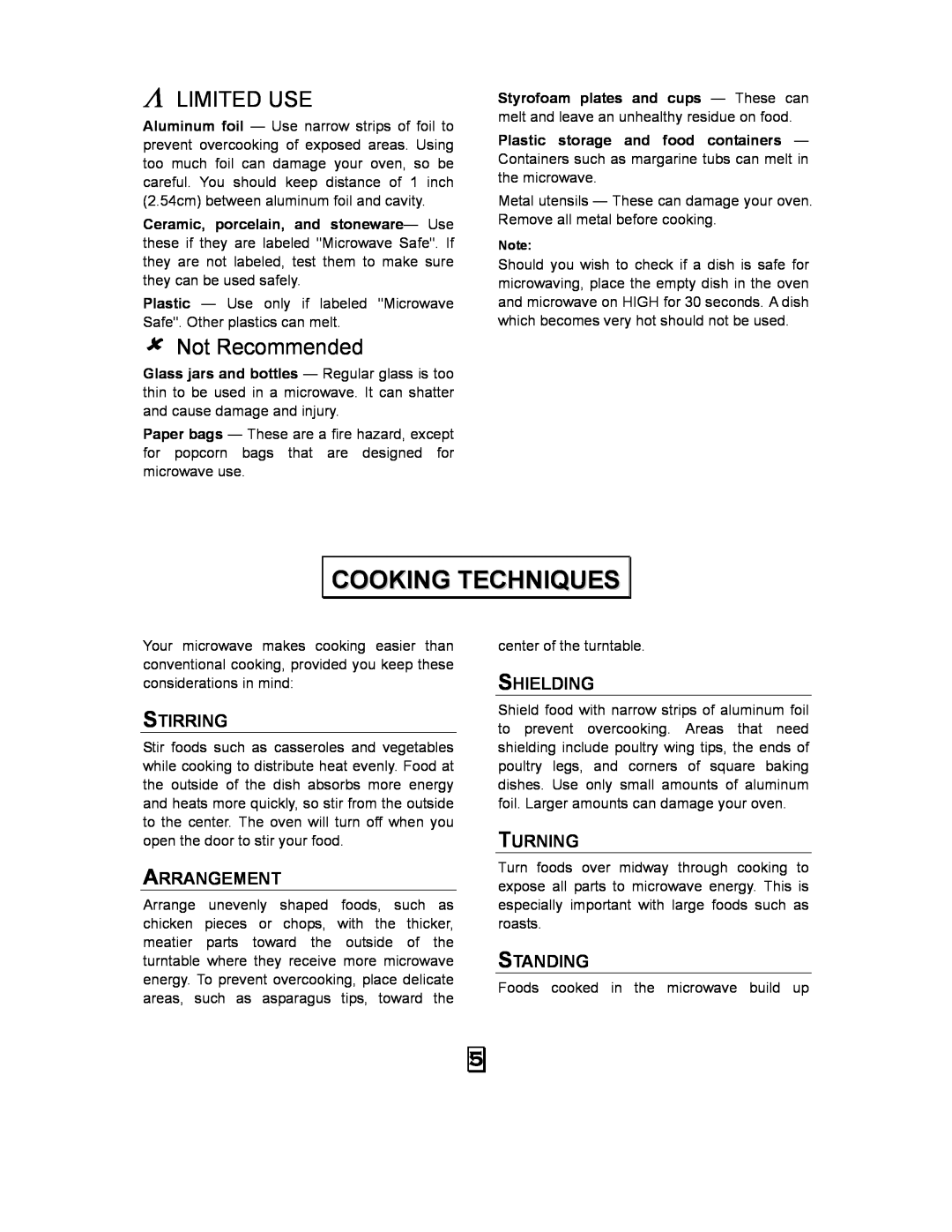 Kenmore 87043 Cooking Techniques, Λ Limited Use, Not Recommended, Stirring, Arrangement, Shielding, Turning, Standing 