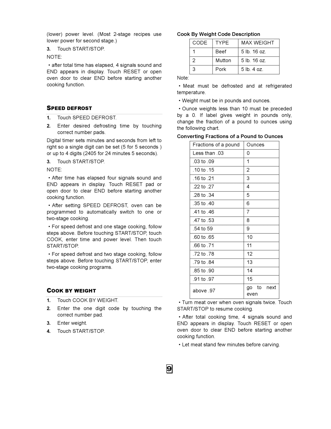 Kenmore 87090 Start/Stop, Cook By Weight Code Description, Code Type MAX Weight, Converting Fractions of a Pound to Ounces 