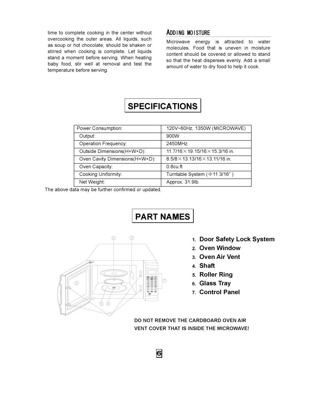 Kenmore 87090 owner manual Specifications, Part Names 