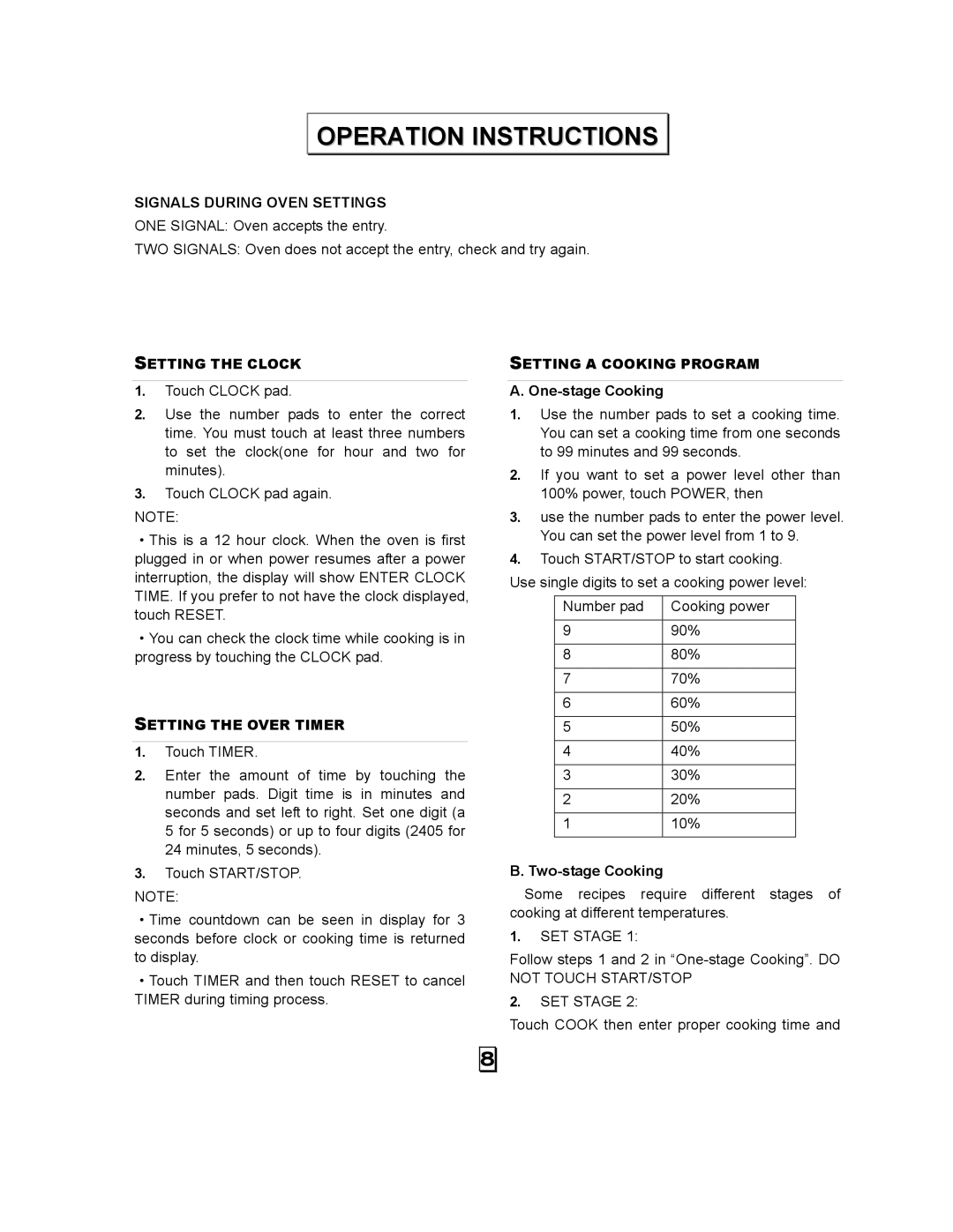 Kenmore 87090 owner manual Operation Instructions, One-stage Cooking, Two-stage Cooking, SET Stage 