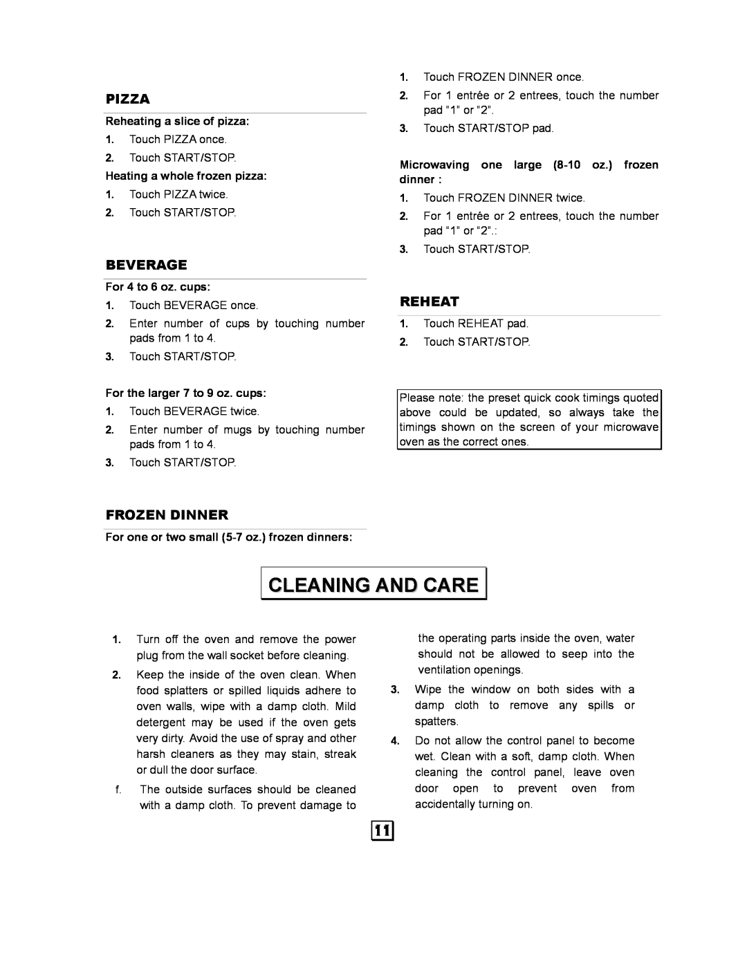 Kenmore 87090 owner manual Cleaning And Care, Pizza, Beverage, Reheat, Frozen Dinner 