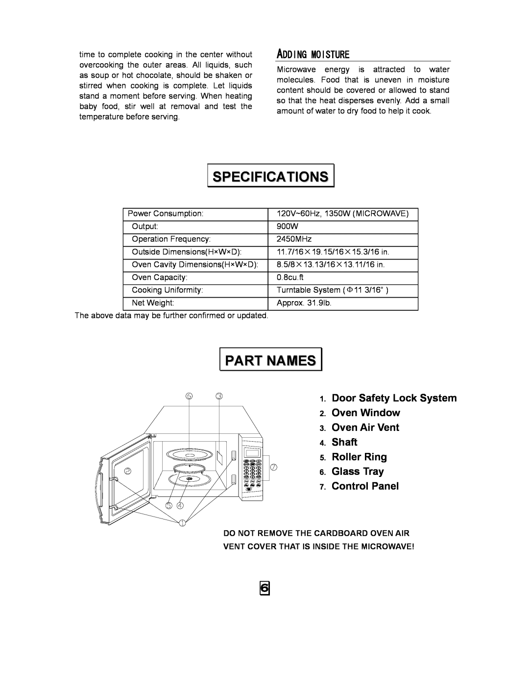 Kenmore 87090 owner manual Specifications, Part Names, Adding Moisture, Door Safety Lock System Oven Window Oven Air Vent 