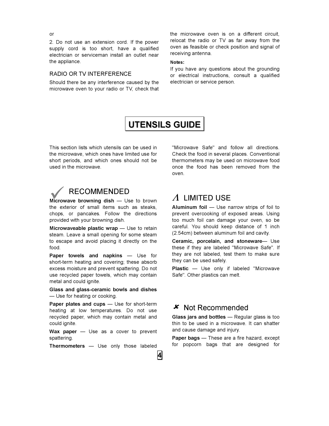 Kenmore 87103 user manual Utensils Guide, Radio or TV Interference 