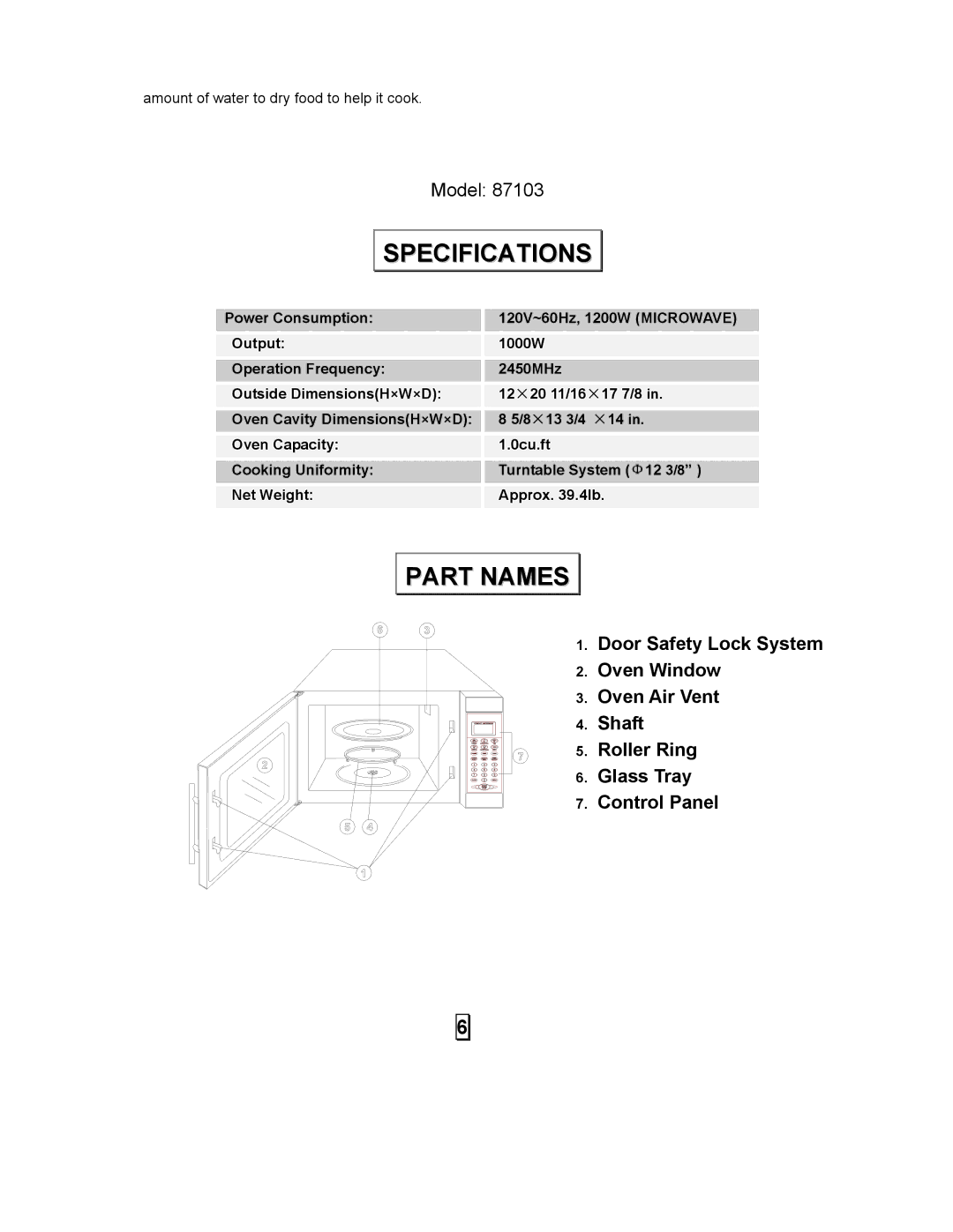 Kenmore 87103 user manual Specifications, Part Names, Turntable System Φ12 3/8 Approx .4lb 