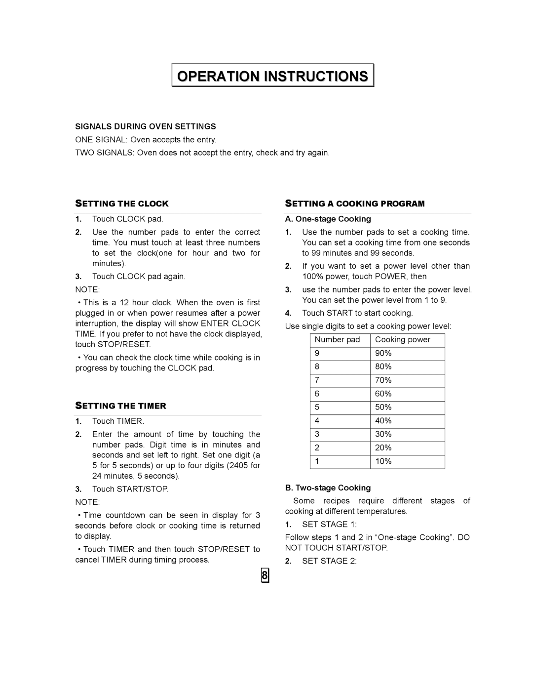 Kenmore 87103 user manual Operation Instructions, One-stage Cooking, Two-stage Cooking, SET Stage 