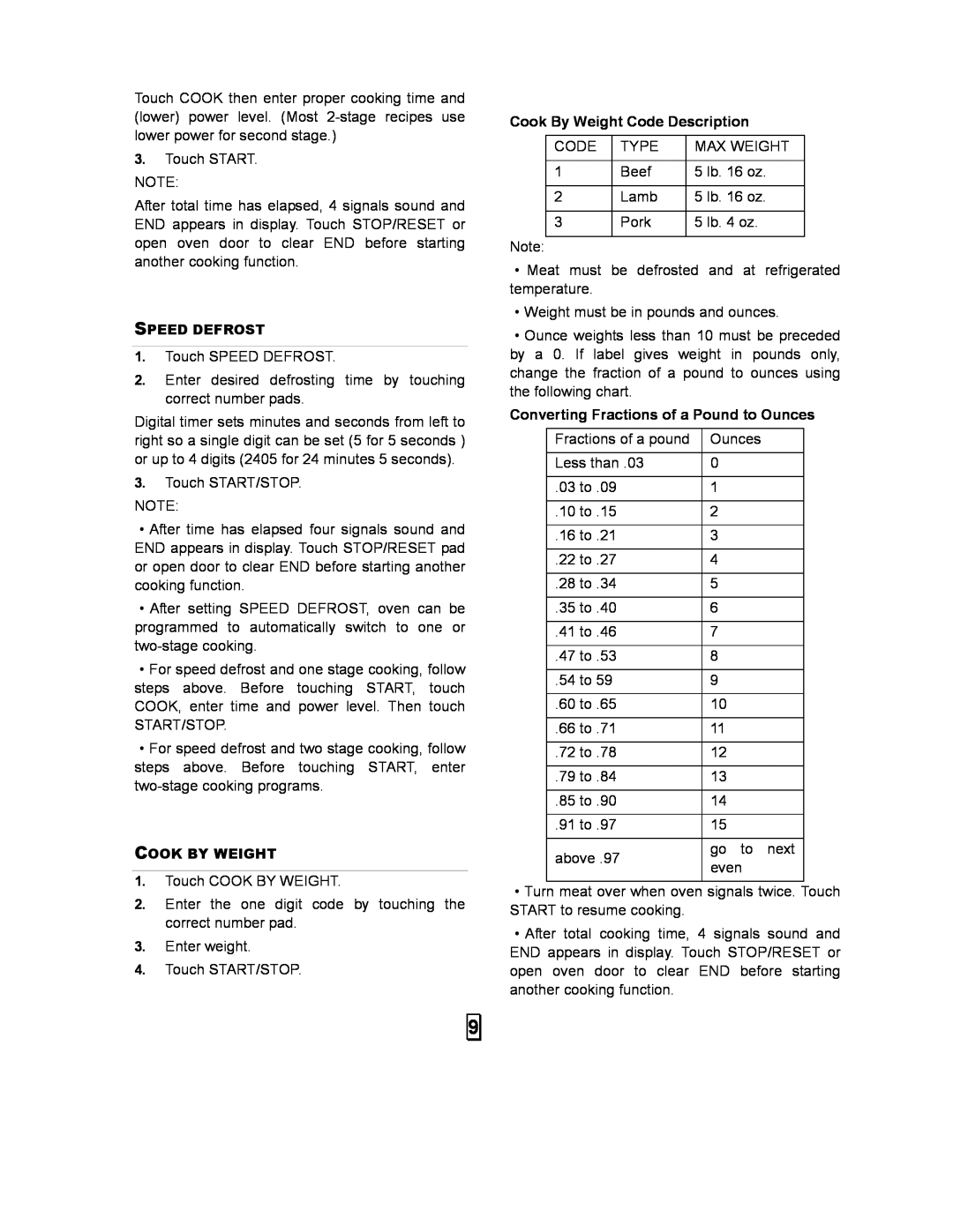 Kenmore 87103 user manual Cook By Weight Code Description, Converting Fractions of a Pound to Ounces 