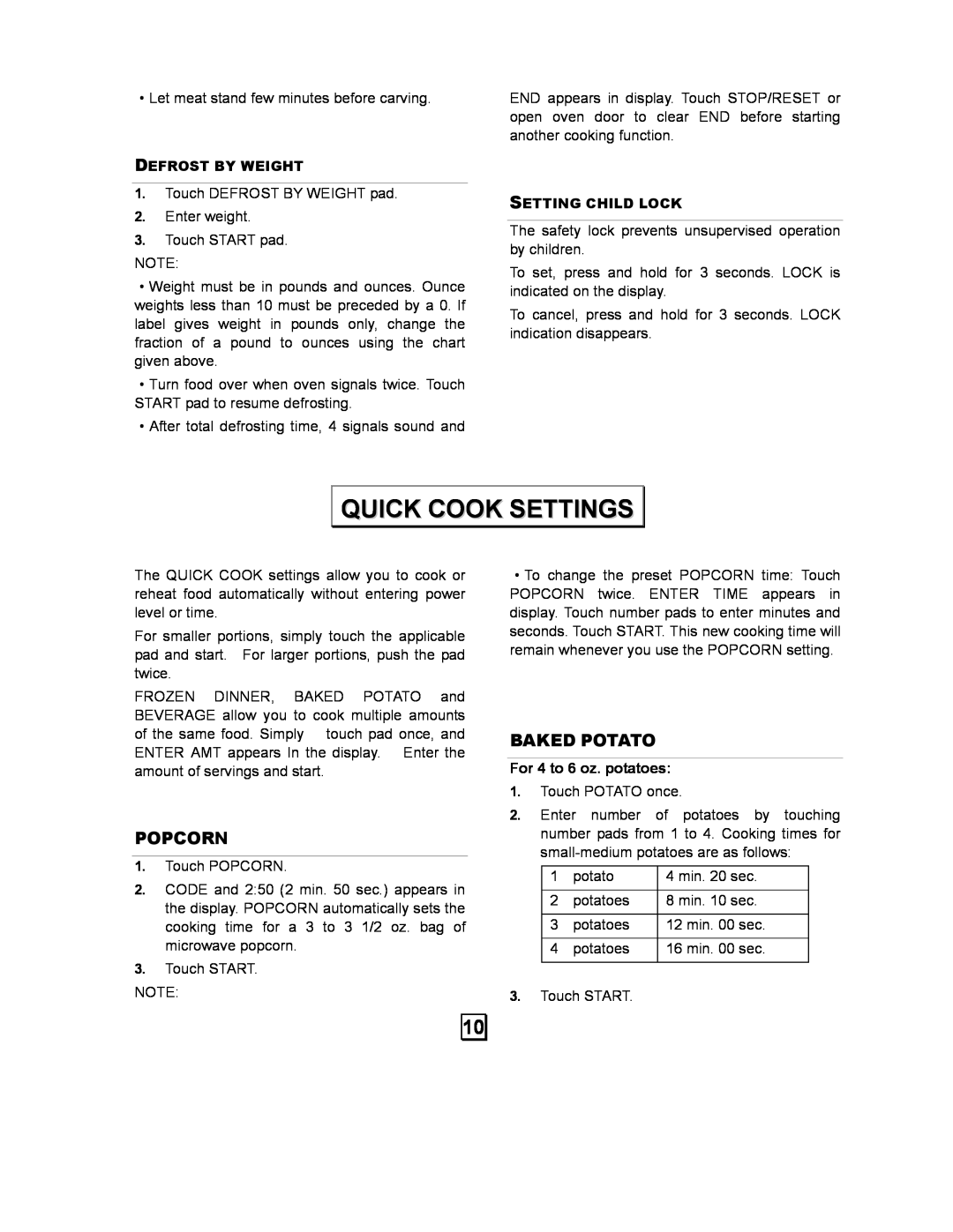 Kenmore 87103 user manual Quick Cook Settings, Popcorn, Baked Potato 