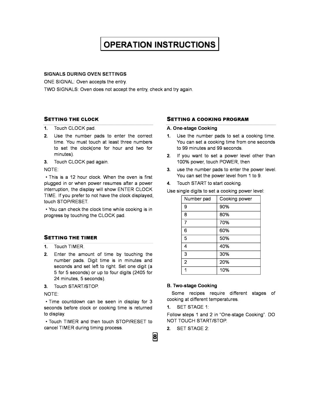 Kenmore 87103 user manual Operation Instructions, Signals During Oven Settings, A. One-stageCooking, B. Two-stageCooking 
