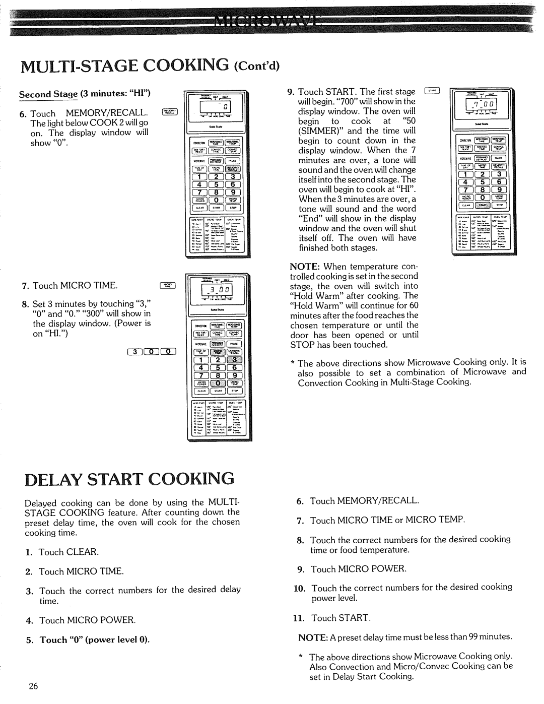 Kenmore 87561 manual Delay Start Cooking, Memory/Recall, Simmer, Micro Time, Stop 