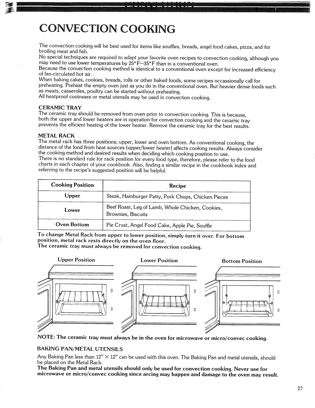 Kenmore 87561 manual Ceramic Tray, Metal Rack, Baking PAN/METAL Utensils 