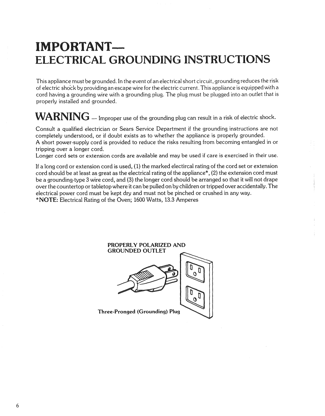 Kenmore 87561 manual Properly Polarized Grounded Outlet, Three-Pronged Grounding Plug 