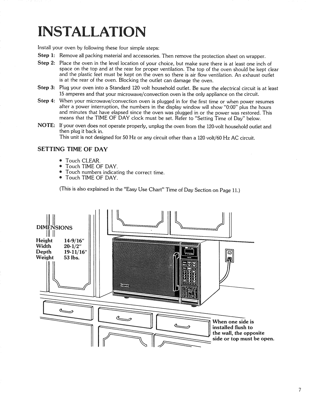 Kenmore 87561 manual Iiii, Standard 120, Dimensions, Height 14-9/16 Width 20-1/2 Depth 19-11/16, Side or top must be open 