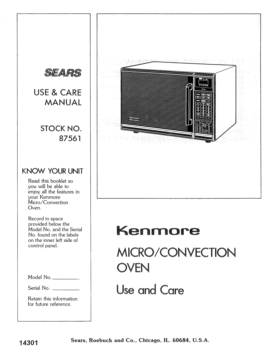 Kenmore manual MICRO/CONVECTION OVEN Useand Care, KennFlore, STOCK NO 87561, Sears, Use & Care Manual, Know Your Unit 