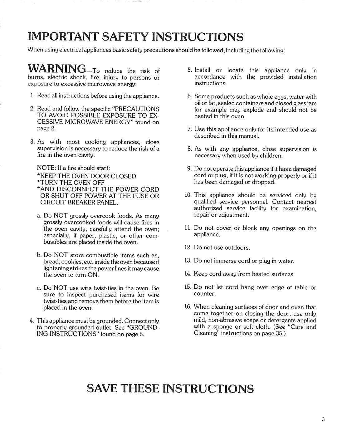 Kenmore 87561 manual Important Safety Instructions, Save These Instructions, WARNING-Toreducethe riskof 