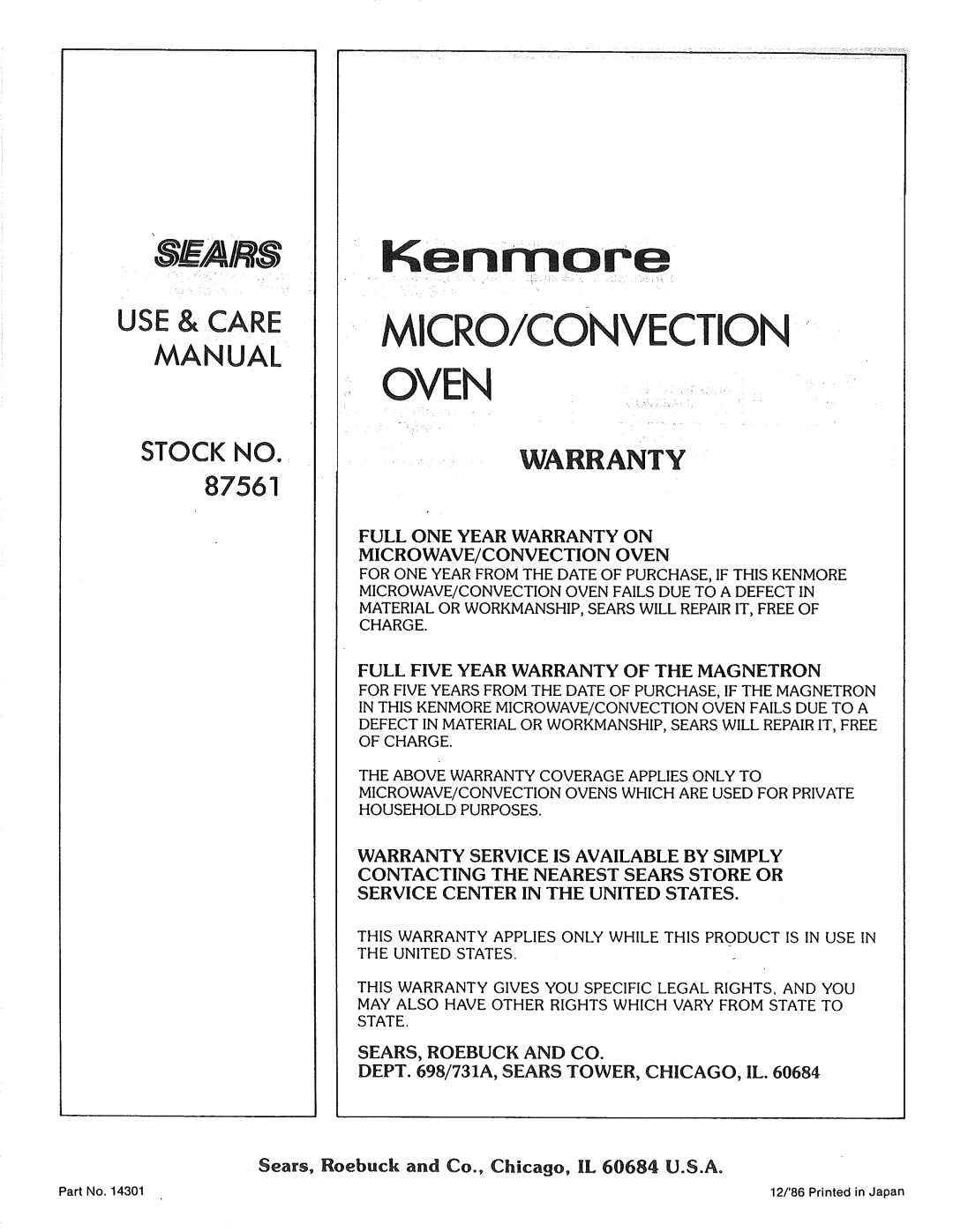 Kenmore manual Oven, SEA/,qs, Micro/Convection, Kenmore, Warranty, Use & Care Manual, STOCK NO 87561 