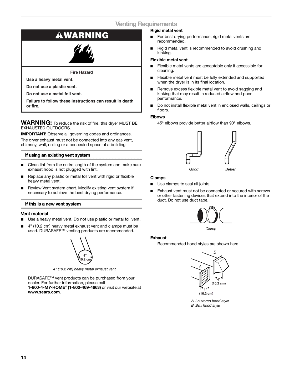 Kenmore 8789, 110.8787 Venting Requirements, If using an existing vent system, If this is a new vent system Vent material 