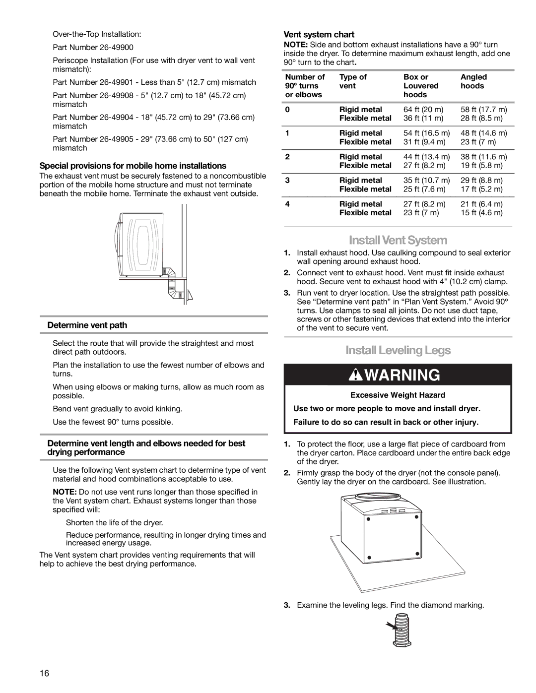 Kenmore 8789, 110.8787 manual Install Vent System, Install Leveling Legs, Special provisions for mobile home installations 