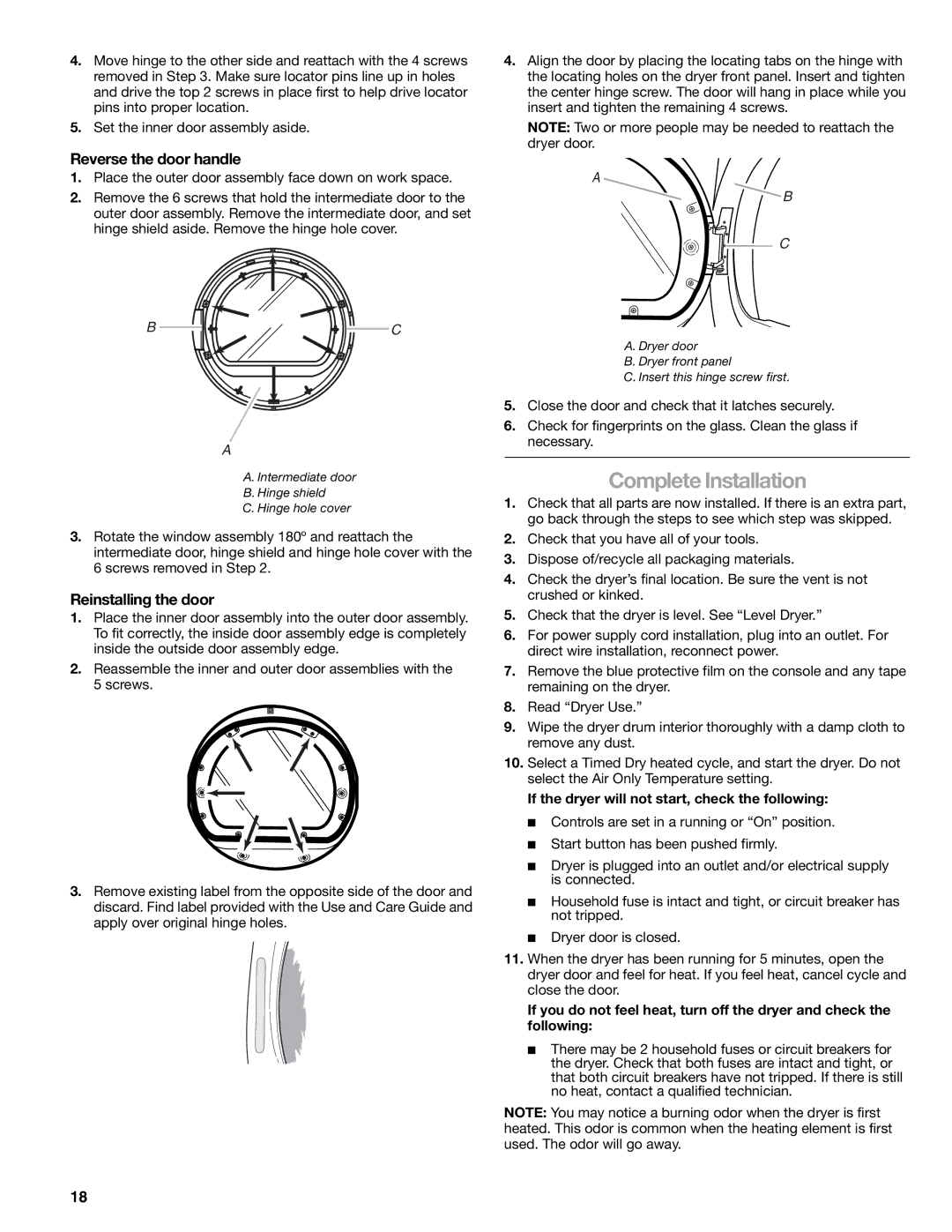 Kenmore 8789, 110.8787 manual Complete Installation, Reverse the door handle, Reinstalling the door 