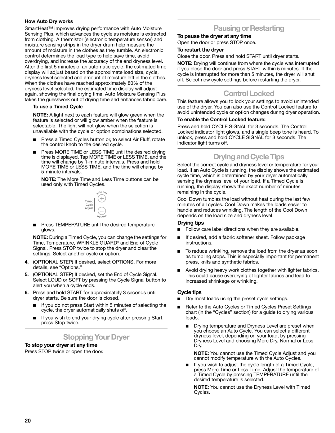 Kenmore 8789, 110.8787 manual Stopping Your Dryer, Pausing or Restarting, Control Locked, Drying and Cycle Tips 