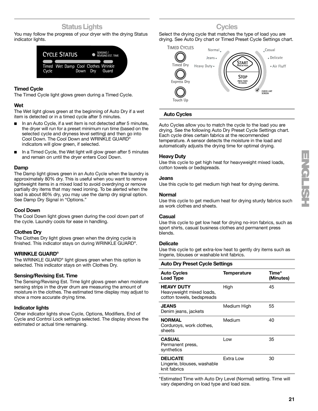 Kenmore 110.8787, 8789 manual Status Lights, Cycles 