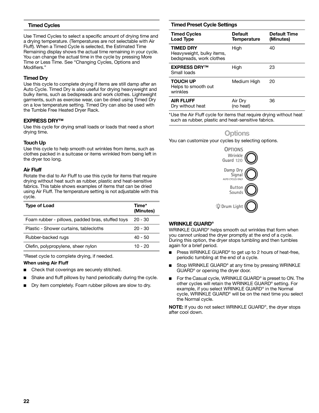 Kenmore 8789, 110.8787 manual Options 