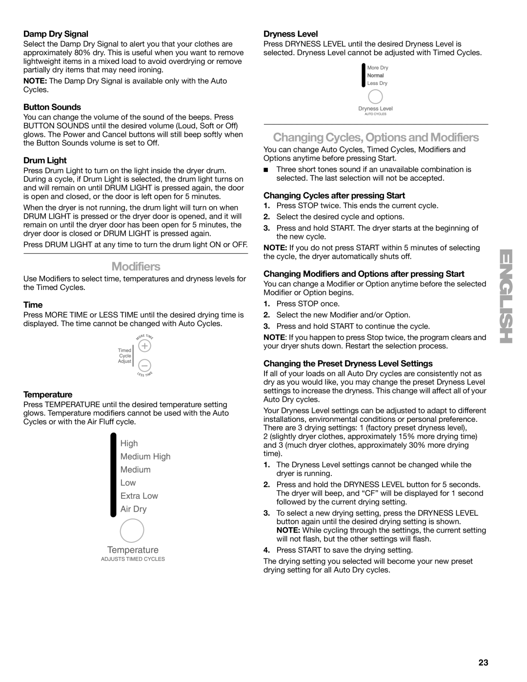 Kenmore 110.8787, 8789 manual Changing Cycles, Options and Modifiers 