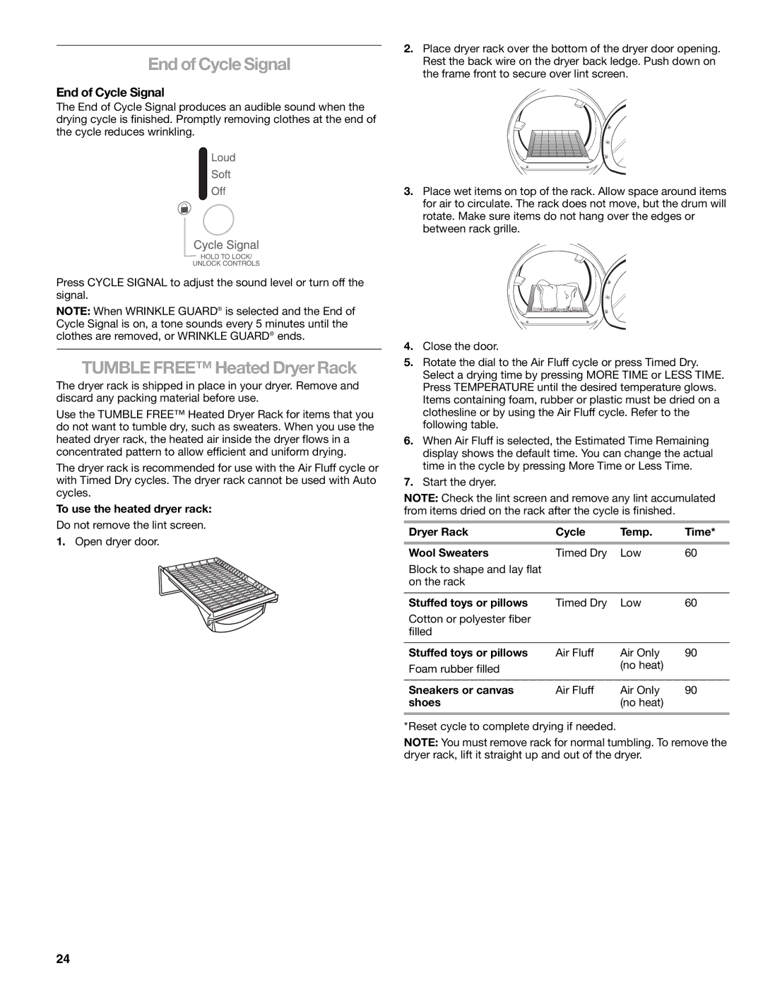 Kenmore 8789, 110.8787 manual End of Cycle Signal, Tumble Free Heated Dryer Rack 