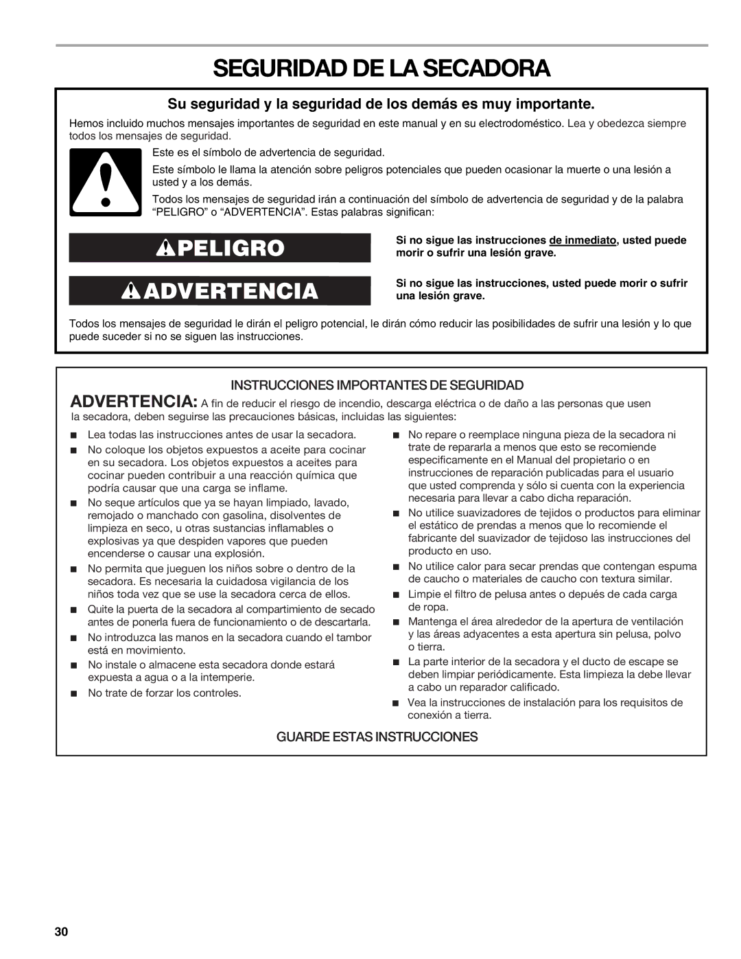 Kenmore 8789, 110.8787 manual Seguridad DE LA Secadora, Su seguridad y la seguridad de los demás es muy importante 