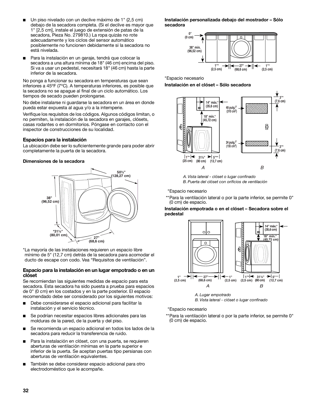 Kenmore 8789, 110.8787 Espacios para la instalación, Instalación en el clóset Sólo secadora, Dimensiones de la secadora 