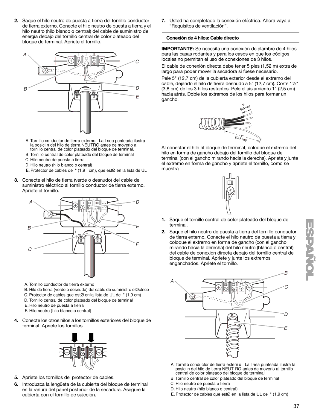 Kenmore 110.8787, 8789 manual Conexión de 4 hilos Cable directo, Tornillo conductor de tierra externo 