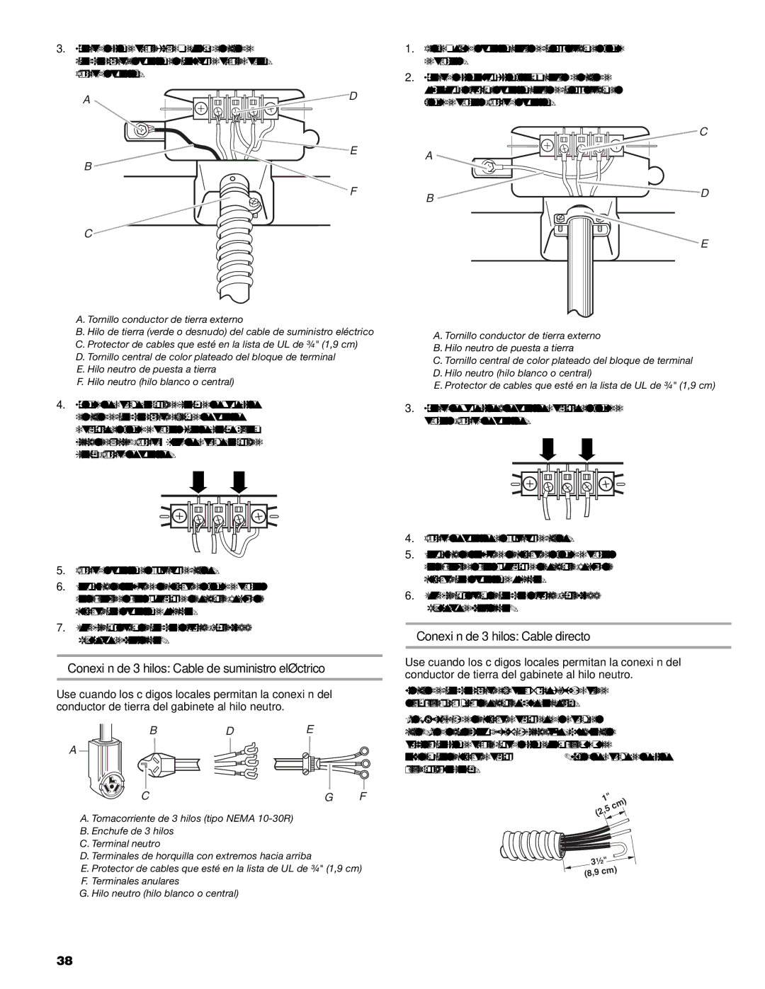 Kenmore 8789, 110.8787 manual Conexión de 3 hilos Cable de suministro eléctrico, Conexión de 3 hilos Cable directo 