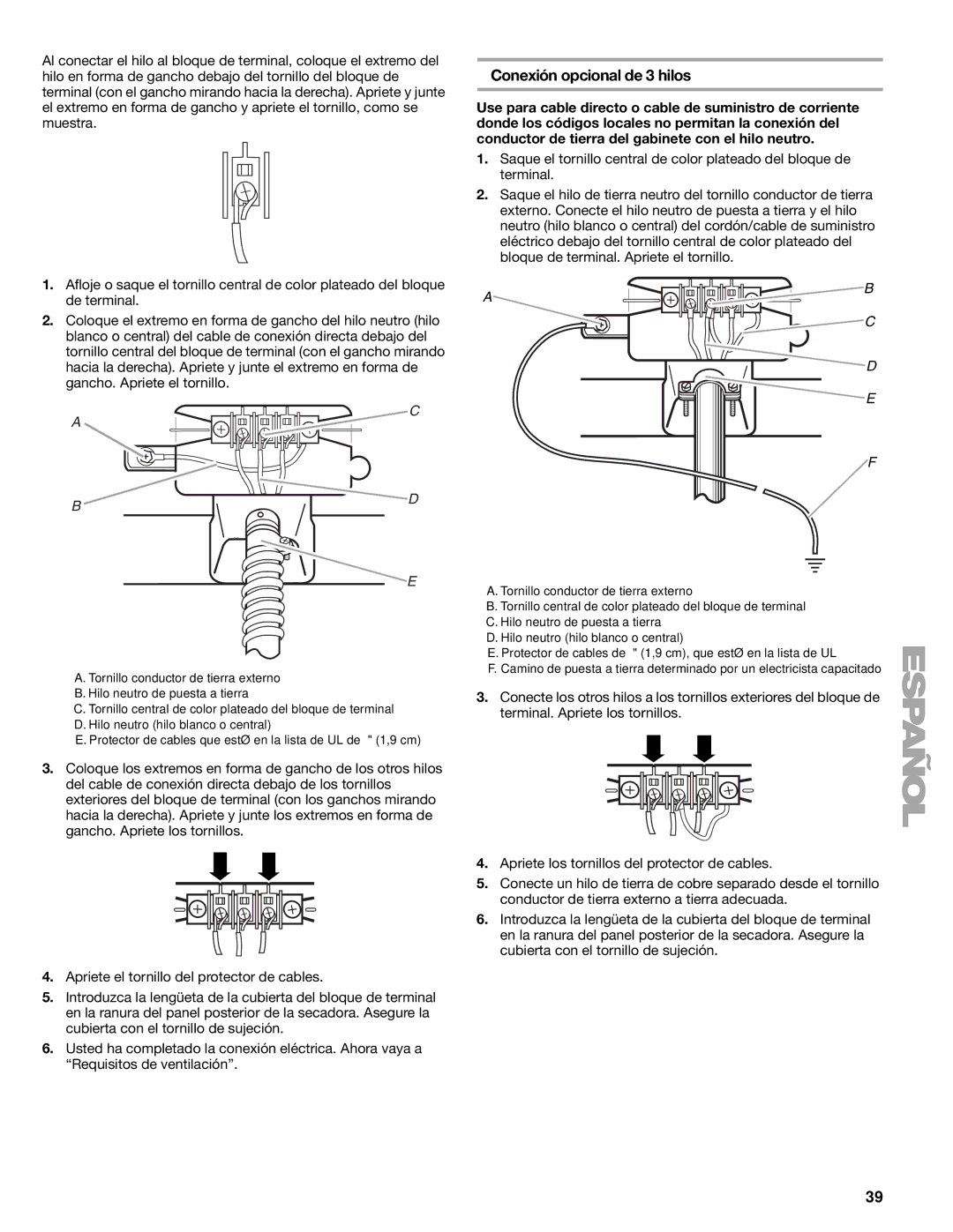 Kenmore 110.8787, 8789 manual Conexión opcional de 3 hilos 